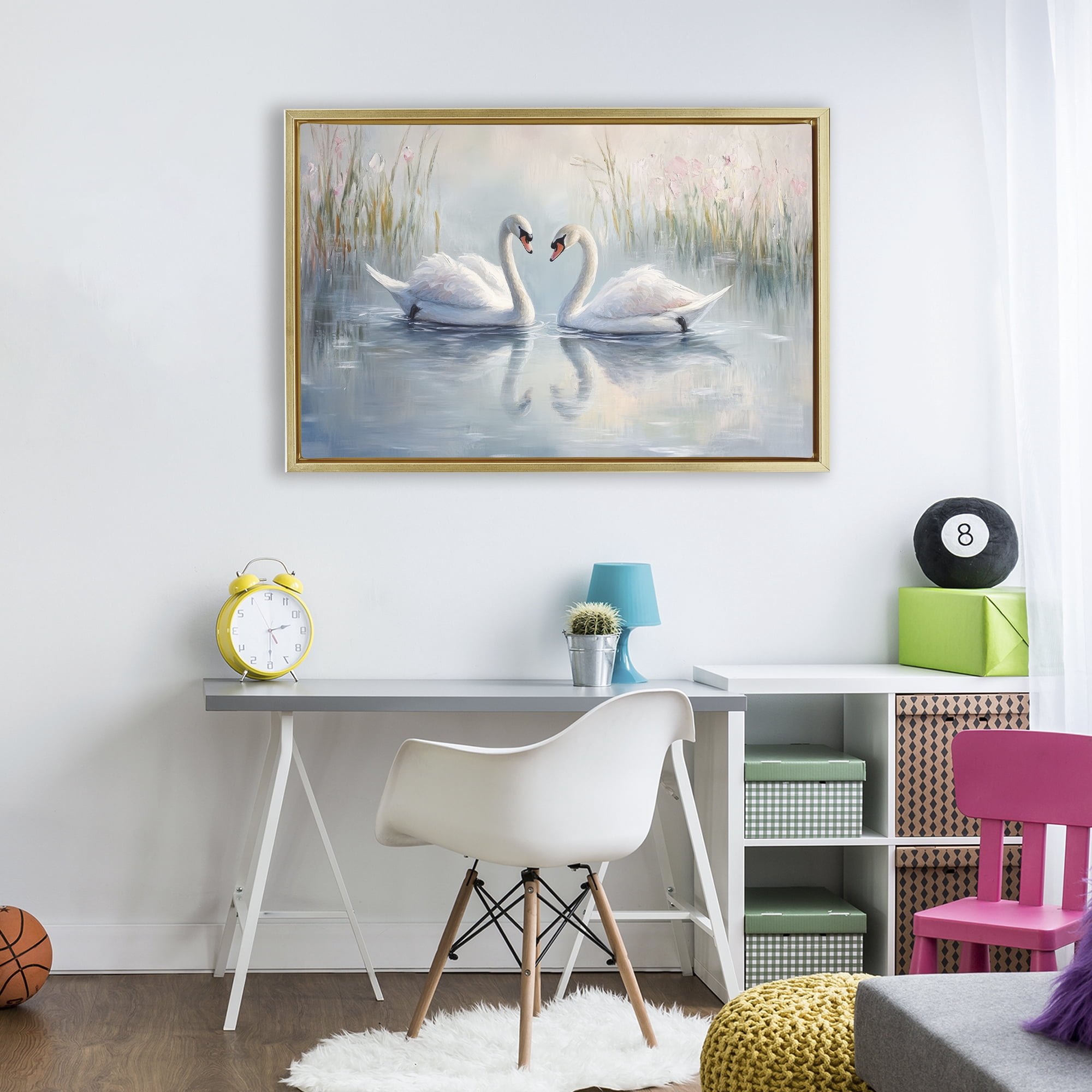 Stupell Industries Simple Swan Reflections Gold Framed Floater Canvas Wall Art, design by Petal Prints Design