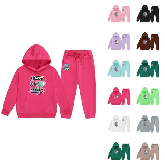 Girl Clothes Girls Clothing Sets Children's Middle And Older Children's Long Sleeved 2025 New Year's Print Hooded Top Sweater Pants Set