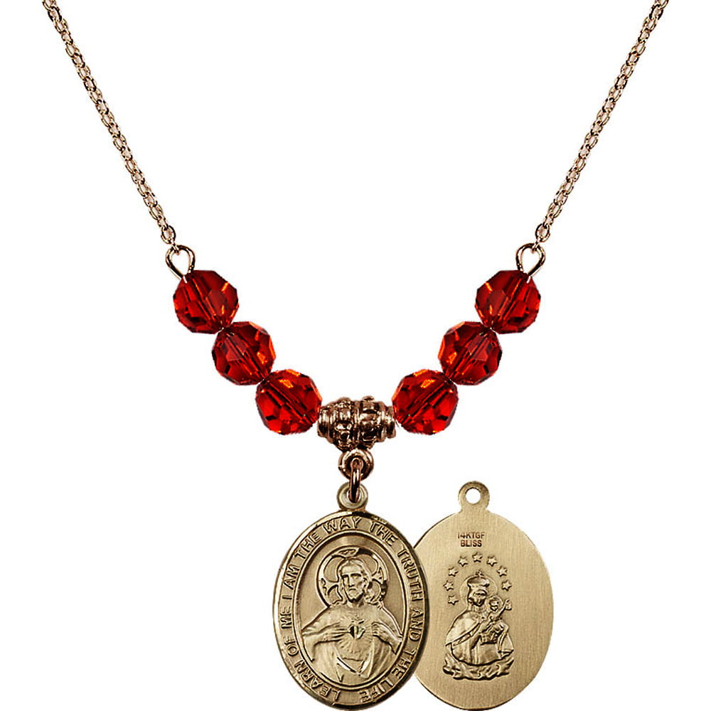 18-Inch Hamilton Gold Plated Necklace with 6mm Ruby Birthstone Beads and Scapular Charm Red Ruby July Birthstone 