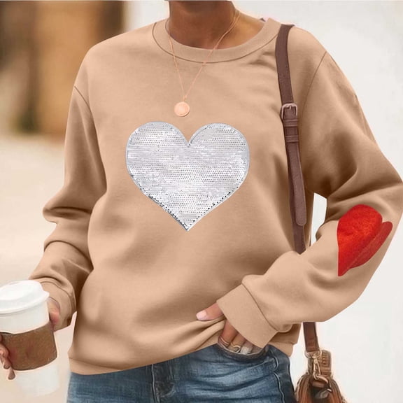 EchfiProm Sweatshirts for Women Festive Valentine Pullover Graphic Sequins Crewneck Heart Ladies Shirs Valentine Day