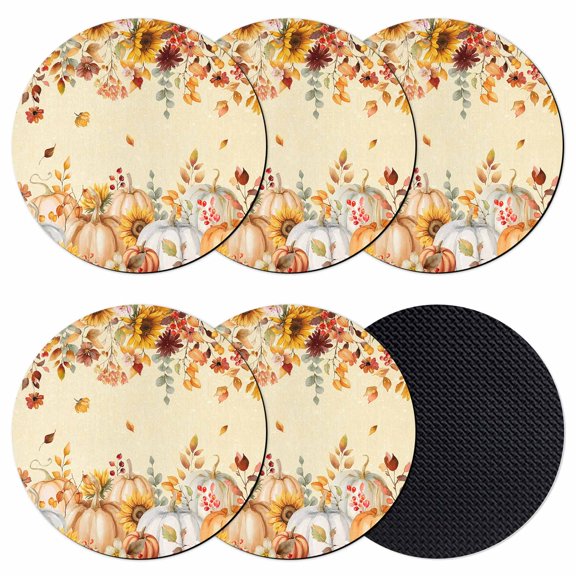 Orange Fall Coasters Set of 6, Absorbent Coasters for Drinks, Thanksgiving Pumpkins Sunflower Yellow Coaster for Desk Coffee Table Protection, Home Decor House Warming Gifts 4"