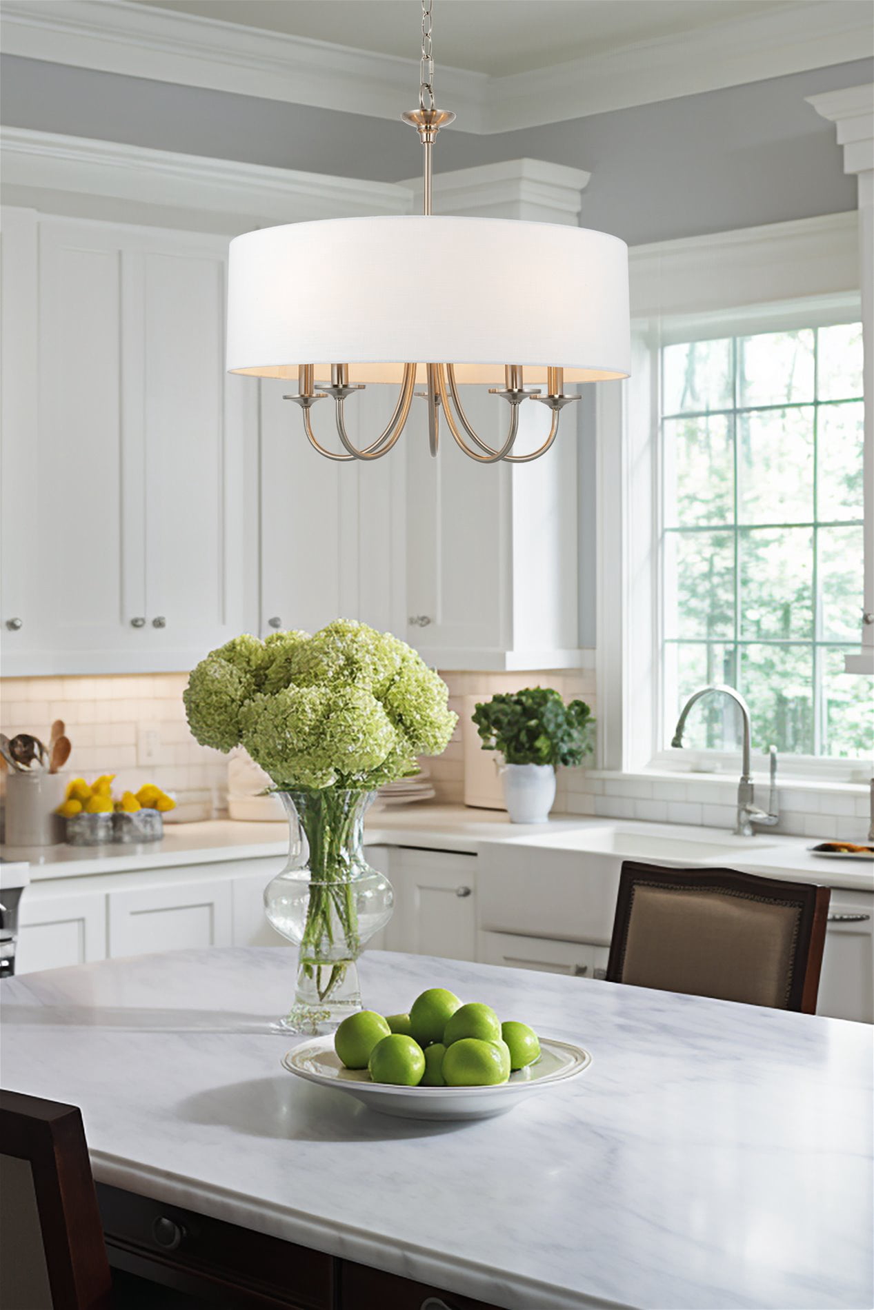 Kira Home Quinn 22" Drum Chandelier, White Linen Shade, Farmhouse Hanging Light, White Drum Shade, Brushed Nickel