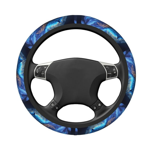Uemuo Moonlit Blue Wolf Printed Car Elastic Steering Wheel Cover - Universal Car Accessory for Diverse Cars Anti-Slip, and Comfortable- 15"