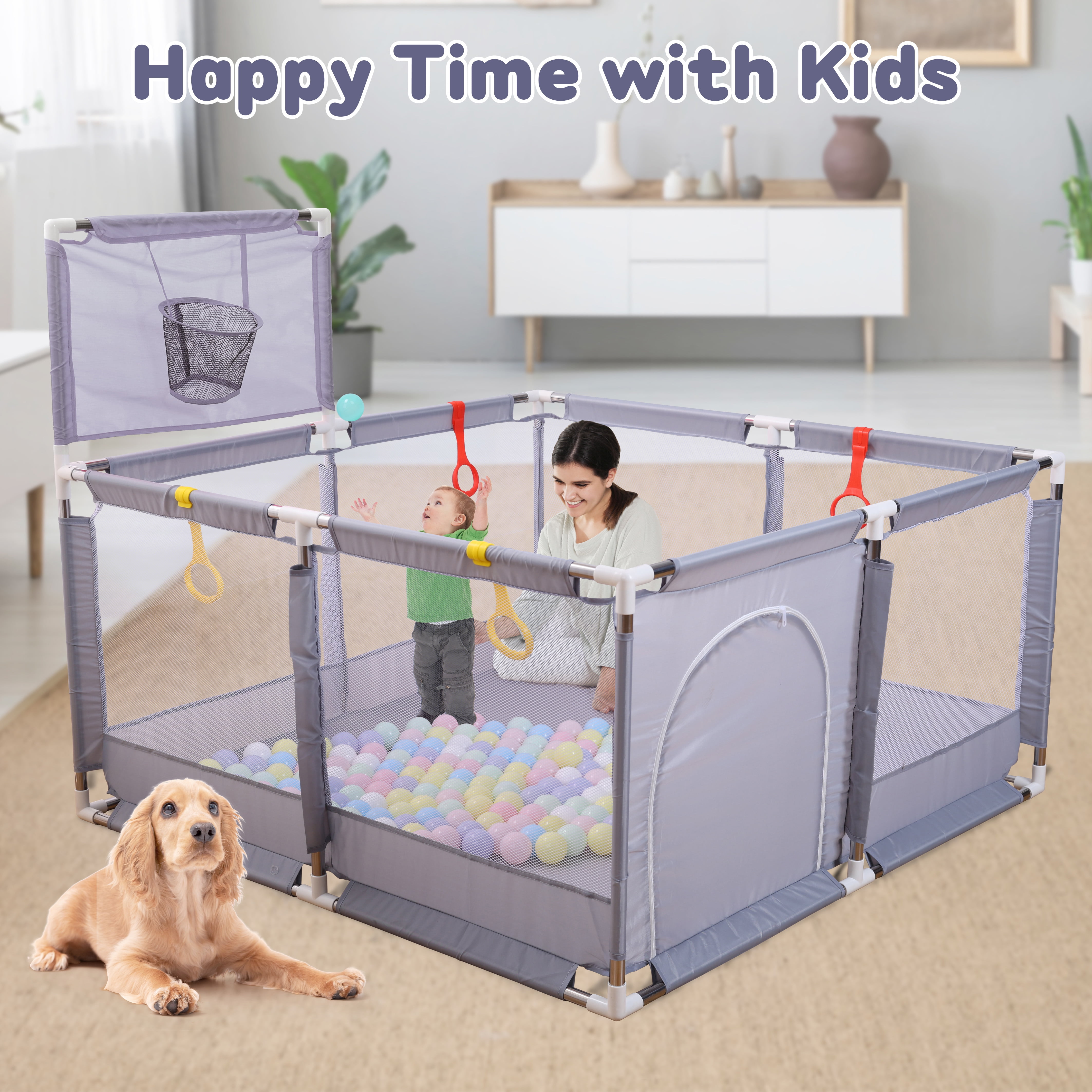 JoyStone 50 x 50 Baby Playpen with 30 Ocean Balls, Soft Mesh Sides, Basketball Hoop & Pull Rings, Indoor Baby Fence for Toddlers, Grey