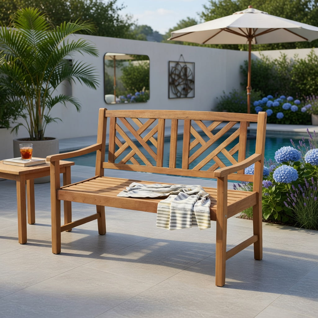 Hommoo Acacia Wood 2-Person Outdoor Bench with Ergonomic Armrests & Slatted Backrest, Garden Patio Bench for Backyard, Porch, Deck, Brown