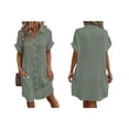 thumbnail image 3 of Womens Summer Cotton Linen Button Down V-Neck Casual Short Sleeve Loose Tunic Dresses Gray Green M, 3 of 7