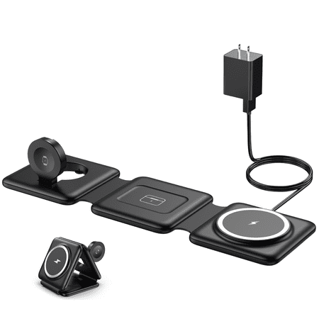 Magnetic Wireless Charger for iPhone: Fodable 3 in 1 Charging Station for Apple Multiple Devices - Travel Charging Pad Dock Compatible with iPhone 15 14 13 12 Pro Max Plus & Airpod