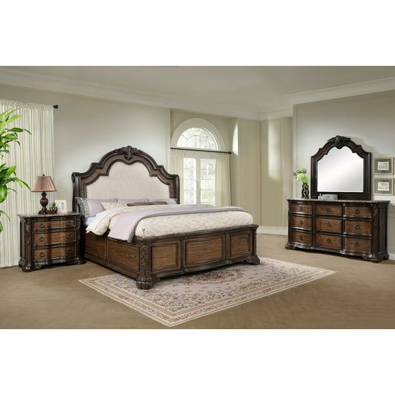 Formal Rich Wood Finish Upholstered Headboard Genuine Marble Tops 4pc Queen Bed Set
