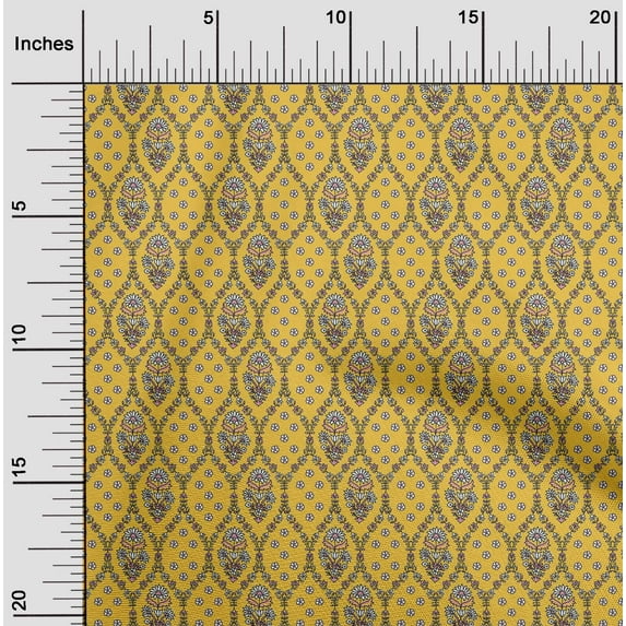 oneOone Cotton Poplin Yellow Fabric Leaves & Floral Block Sewing Material Print Fabric By The Yard 42 Inch Wide