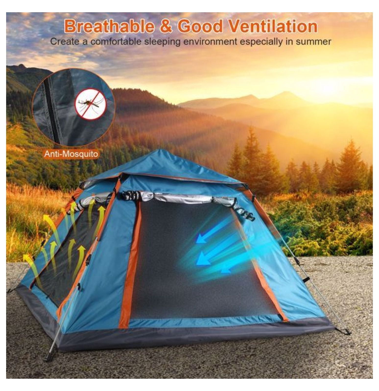 4-5 Person -Up Camping Tent, Setup Family Tent with 2 Mosquito Nets Windows, Portable for Hiking, Backpacking & Outdoor Adventures, Waterproof & Windproof--Blue