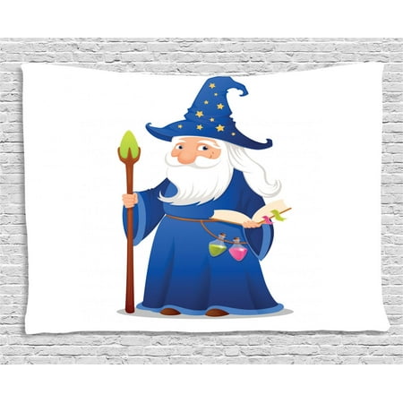 - Wizard Tapestry, Sweet Old Cartoon Wizard with Spell Book Potions and Staff Friendly Wise Sorcerer, Wall Hanging for Bedroom Living Room Dorm Decor, 60W X 40L Inches, Multicolor, by Ambesonne