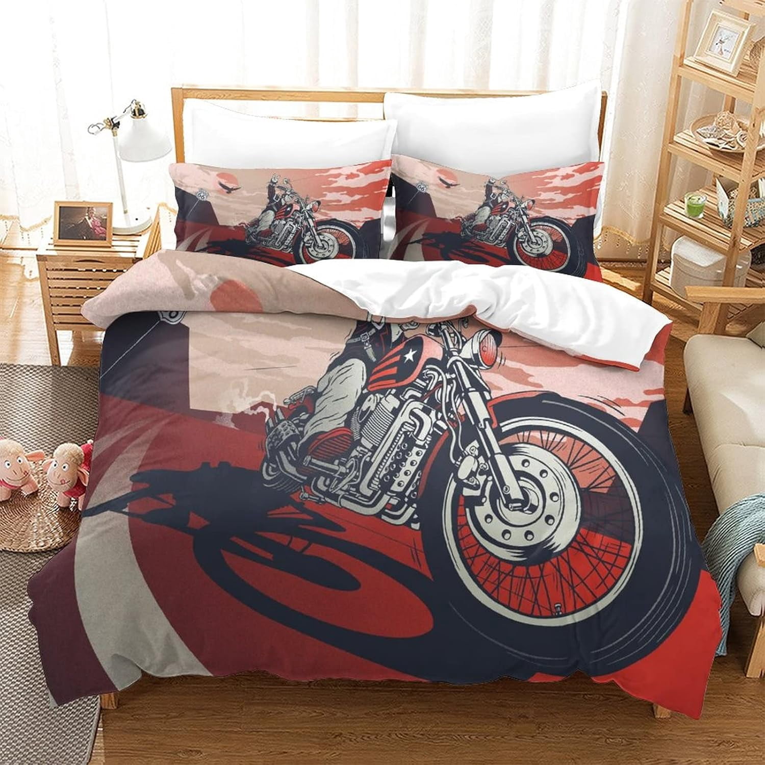 Motorcycle Girl Duvet Cover with Pillowcases Printed Bedding Set D with Zipper Closure Duvet Cover Set e