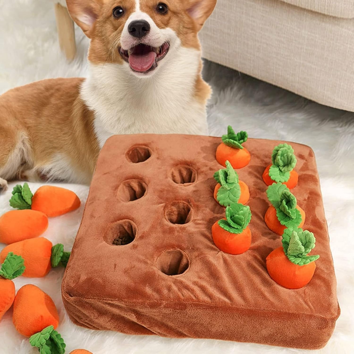Interactive Dog Snuffle Mat with 12 Carrots, 2-in-1 Nosework Puzzle Toy for Dogs, Non-Slip Foraging Mat for Pet Stress Relief, Quiet Nose Work Training Game
