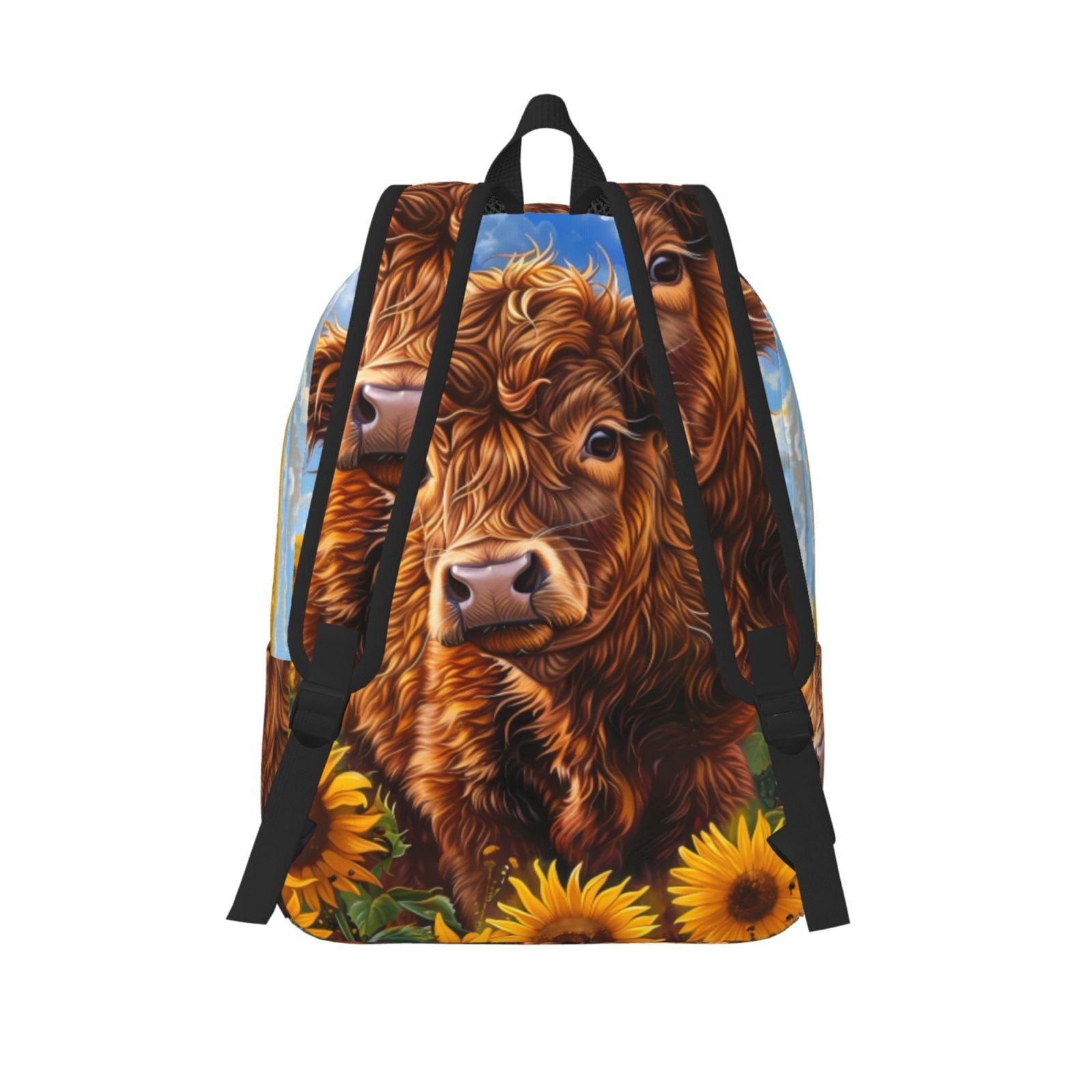 Picia Cloud Sky Sunflower Cow Printed Canvas Daypack - Stylish and Durable Vintage Compact Backpack - Class, Work, Travel, or Laptop Bookbag,Organized Compartments-Small