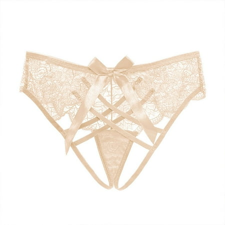 Women Sexy Lingerie Thong Open Panties Lace T-Back Underwear Crotchless Briefs Apricot