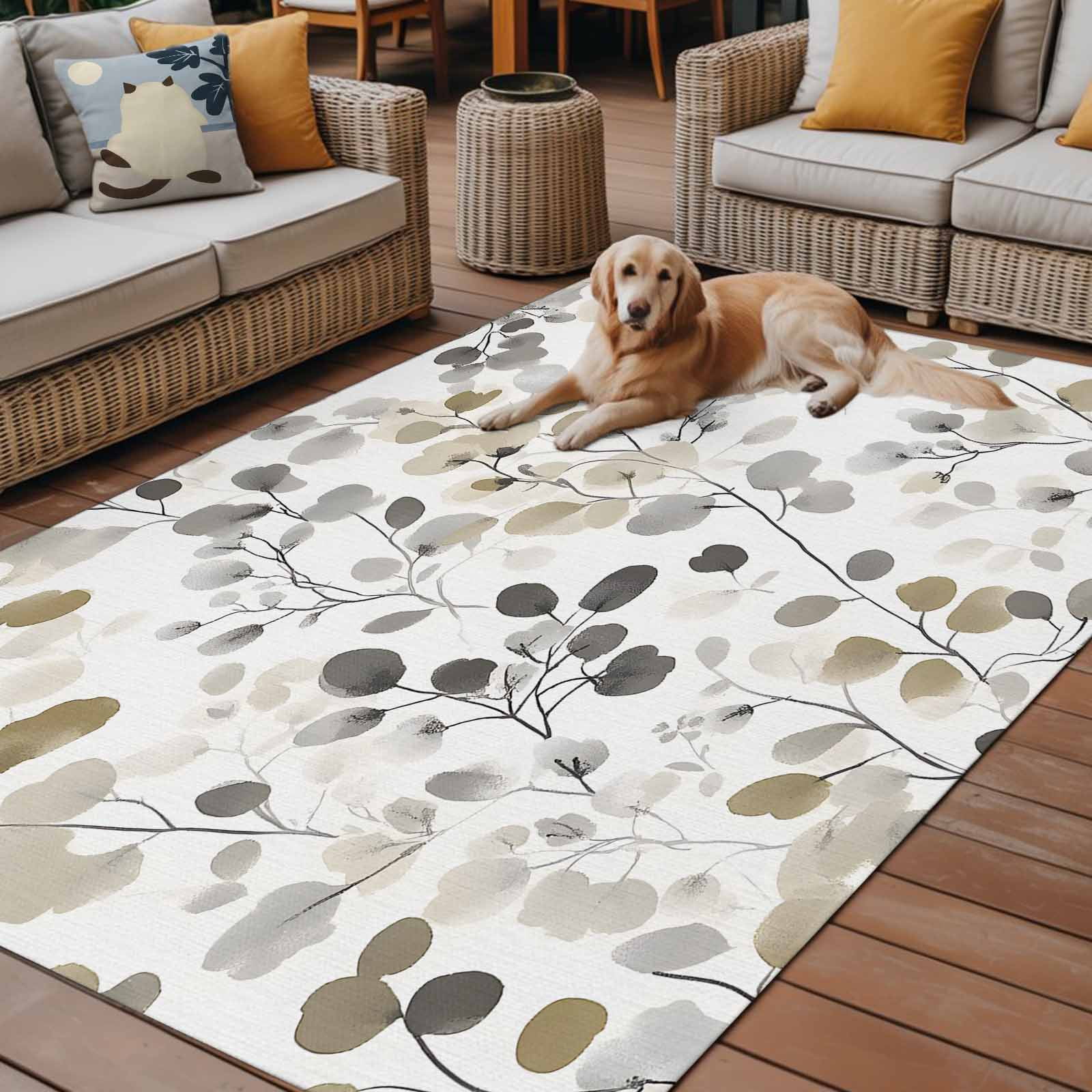 Outdoor Rug 5x8ft Ombre Brown Floral Large Area Rug Leaves Plant Indoor Outdoor Carpet Outdoor Rugs Mats for Patio Camping,RV,Front Door, Outside Decor