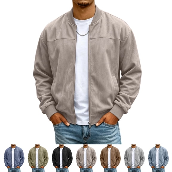GrmtClth Men's Faux Suede Bomber Jacket Fall Spring Casual Full Zip Baseball Collar Ribbed Trim Loose‑Fit Jackets