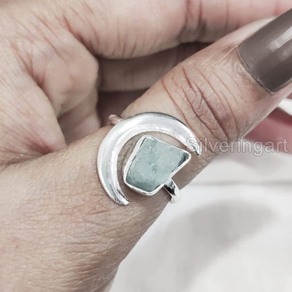 Aquamarine Ring, Rough Aquamarine Ring, March Birth, Crescent Moon Adjustable Ring, 925 Sterling Silver, Womens Ring, Christmas, Adjustable Ring, Handmade, Statement Jewelry, Raw Gemstone Jewelry