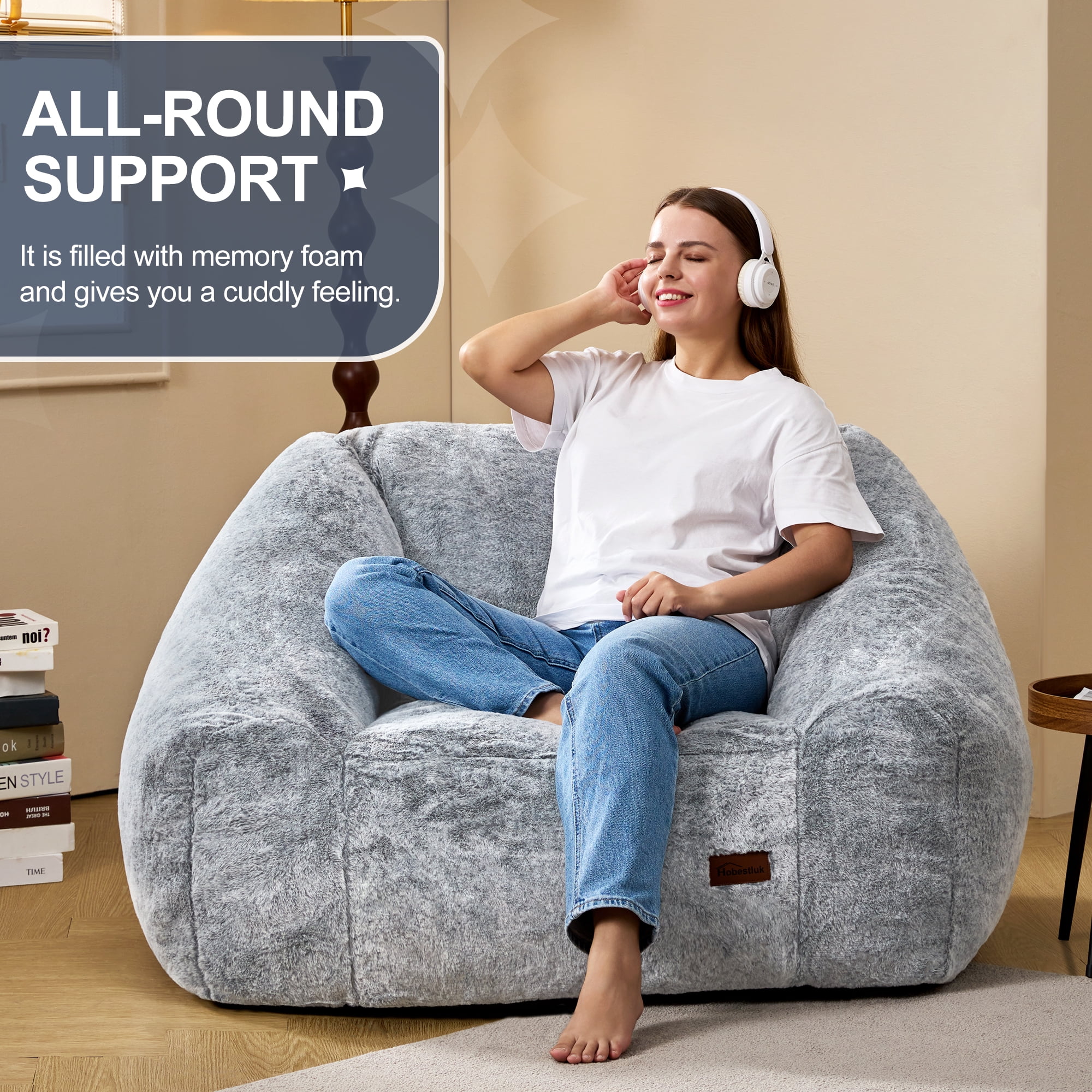 Hobestluk Oversized Bean Bag Chair for Adults with Filler, Large Cozy Reading Chair, Comfortable Lounge Chair for Living Room and Bedroom (Grey Two-Tone)