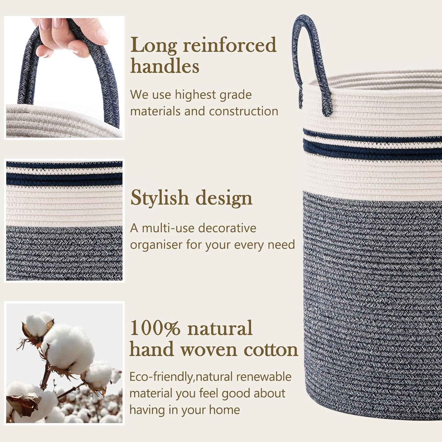 YOUDENOVA Laundry Hamper Basket, Woven 58L Tall Laundry Basket for Blanket Organizer- Nursery Hamper for Bedroom And Bathroom Storage