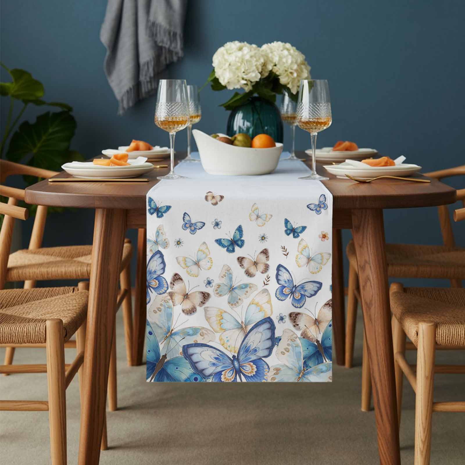 Butterfly Table Runner 13 x 90 Inch, Abstract Blue Gold Animal Blue White Gradient Washable Cotton Linen Dining Table Runner Tabletop Decorations for Restaurant Home Kitchen Party