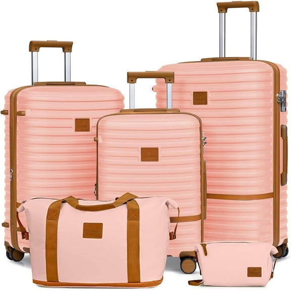 Joyway - Ensembles de Bagages 5 Pcs ABS Rigide à Roulettes Pivotantes - (Valise Extensible 20 Pouces24 Pouces) Bagage Enregistré 28 Po - Rose