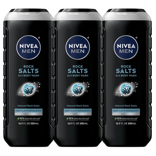 NIVEA Men DEEP Rock Salts Body Wash - Exfoliating Deep Clean with Himalayan Salt - 16.9 fl. Oz. Bottle (Pack of 3)