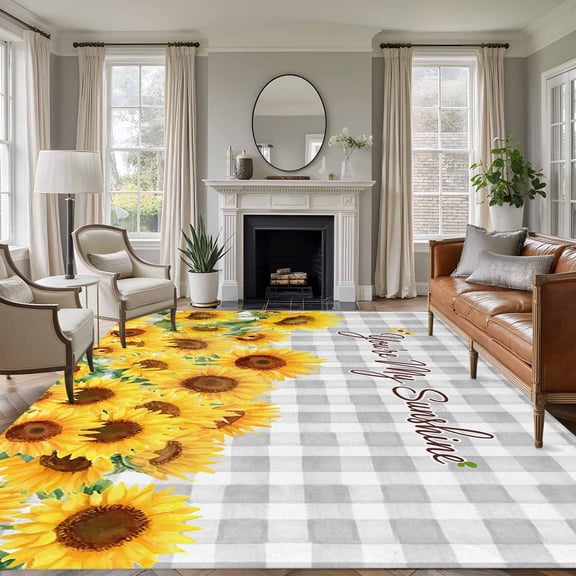 Large Area Rugs for Living Room Bedroom, Yellow Sunflowers 8'x10' Rug Washable Carpet Runner Indoor Outdoor, Summer Floral Elegant Pastoral Checkered Non Slip Floor Mats Rug for Kitchen, Patio