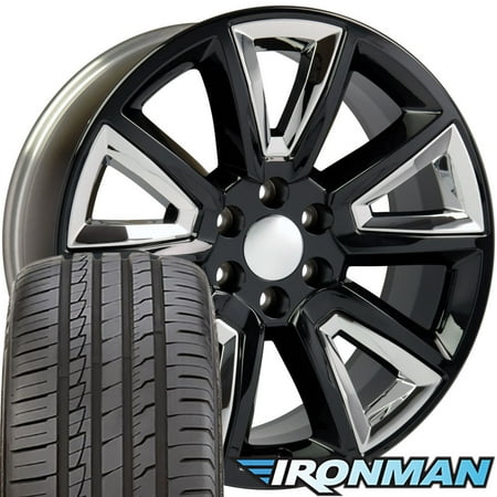 22x9 Wheels & Tires Fit GMC Chevy Trucks - Chevy Tahoe Style Black Rims with Chrome Insert w/Ironman Tires, Hollander 5696 -