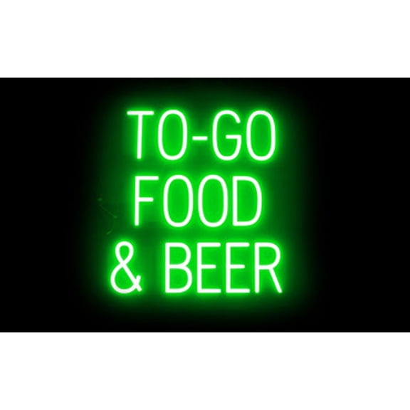 SpellBrite TO-GO FOOD & BEER LED Sign for Business. 23.3" x 23.8" Green TO-GO FOOD & BEER Sign Has Neon Sign Look With Energy Efficient LED Light Source. Visible from 500+ Feet, 8 Animation Settings.