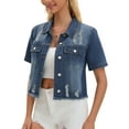 thumbnail image 4 of INSPIRE CHIC Short Sleeve Denim Jacket Button Up Ripped Frayed Cropped Jean Jacket L Blue, 4 of 6