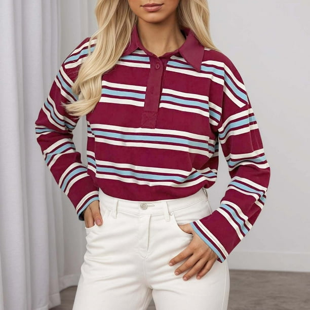 MHFRRA Camisas de Rayas de Manga Larga para Mujer, Estilo Holgado, Blusas Casuales para Uso Diario Vino