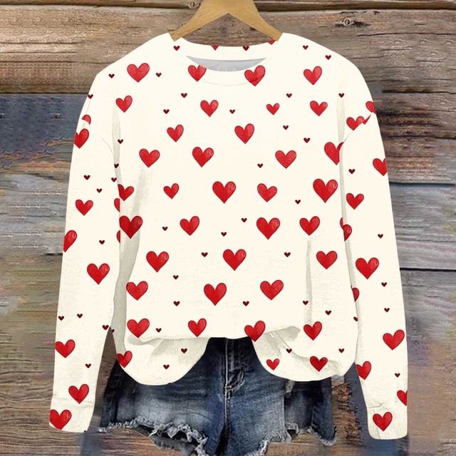 Jsaierl Chandails en Molleton pour Femmes Saint-Valentin Mignons Imprimé Cœur Chandails en Molleton Tendance Chandail Col Rond Décontracté Manches Longues pour Femmes