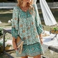 thumbnail image 2 of Wedding Guest Dresses for Women Womens Fashion Bohemian V Neck Loose 3/4 Sleeve Print Mini Length Dress Floral Lace Chemise Midi Dress Short Dress Long Sleeves Dress, 2 of 7
