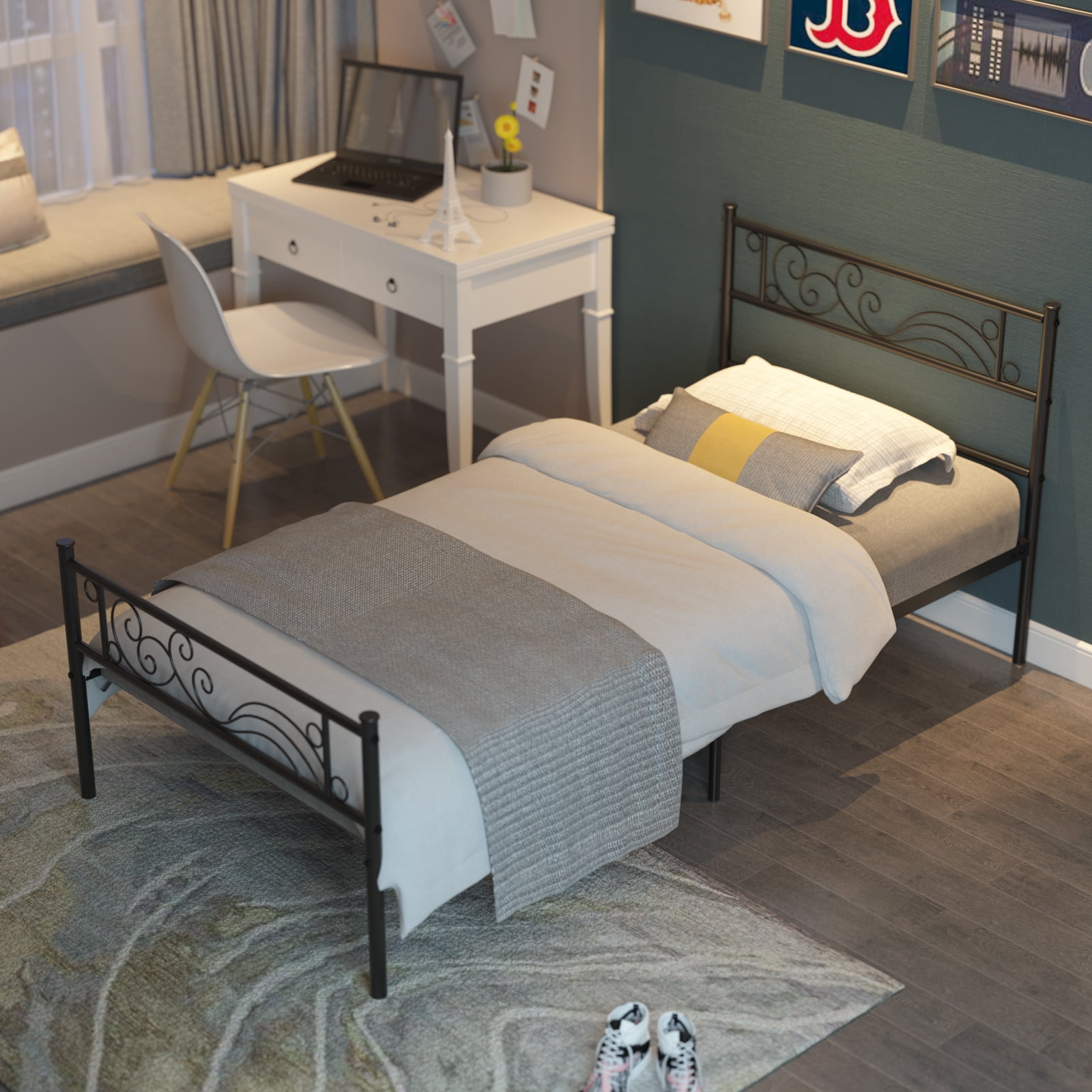Yoneston Twin Size Metal Platform Bed Frame with Headboard Footboard for Kids Room,  Black