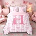 thumbnail image 3 of Meiyoeat Girly Bow Letter H Twin Bedding Sets 7-Piece for Girls Adults, Cute Stripe Bedding Comforter Set for Decor, Light Pink White,Pink Reversible, 3 of 6
