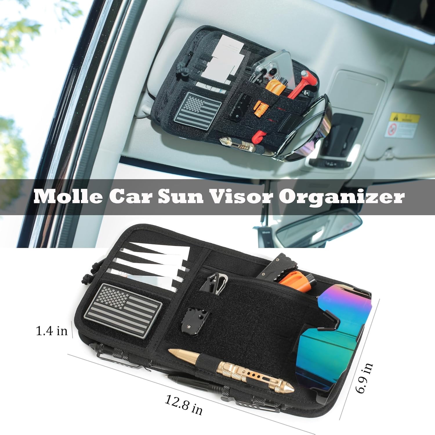 Heavy Duty Molle Car Sun Visor Organizer - Tactical Accessories with Zipper Storage Pouch,Glasses Clip and Card Sleeve Pocket, Multi-Pocket Pouch for Cars SUVs Trucks