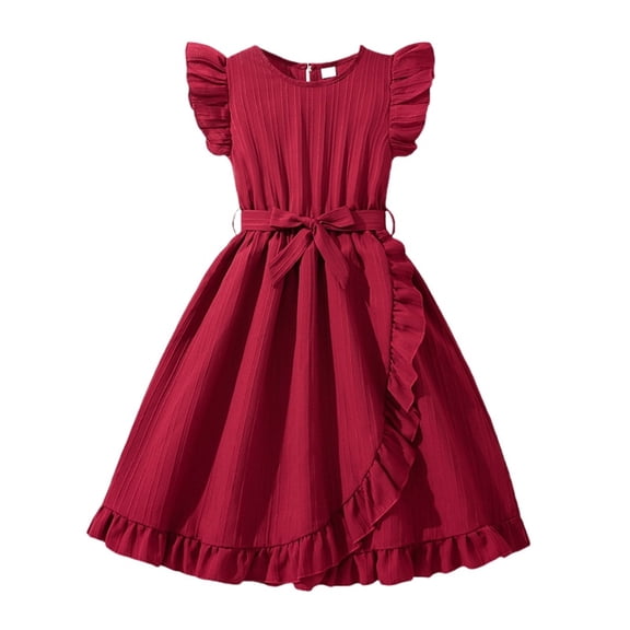 Coerni Kids Girls Flutter Sleeve Pleated Casual Dress Front Ruffle Swing Smocked Dresses Toddler Solid Dance Birthday Frocks