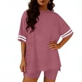 thumbnail image 3 of BRGZLK Lounge Sets for Women Casual Loose Short Sleeve Round Neck Stripe Tops Elastic Waist Biker Shorts Lightweight Soft Comfy 2 Piece Outfits Watermelon Red L, 3 of 5