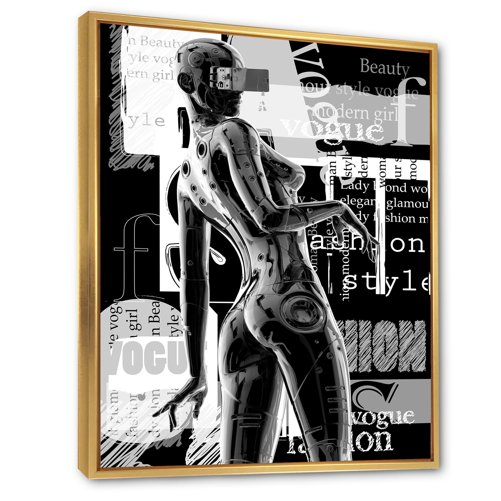 Designart 'Black and White Cyborg Body I' Modern Framed Canvas Wall Art Print