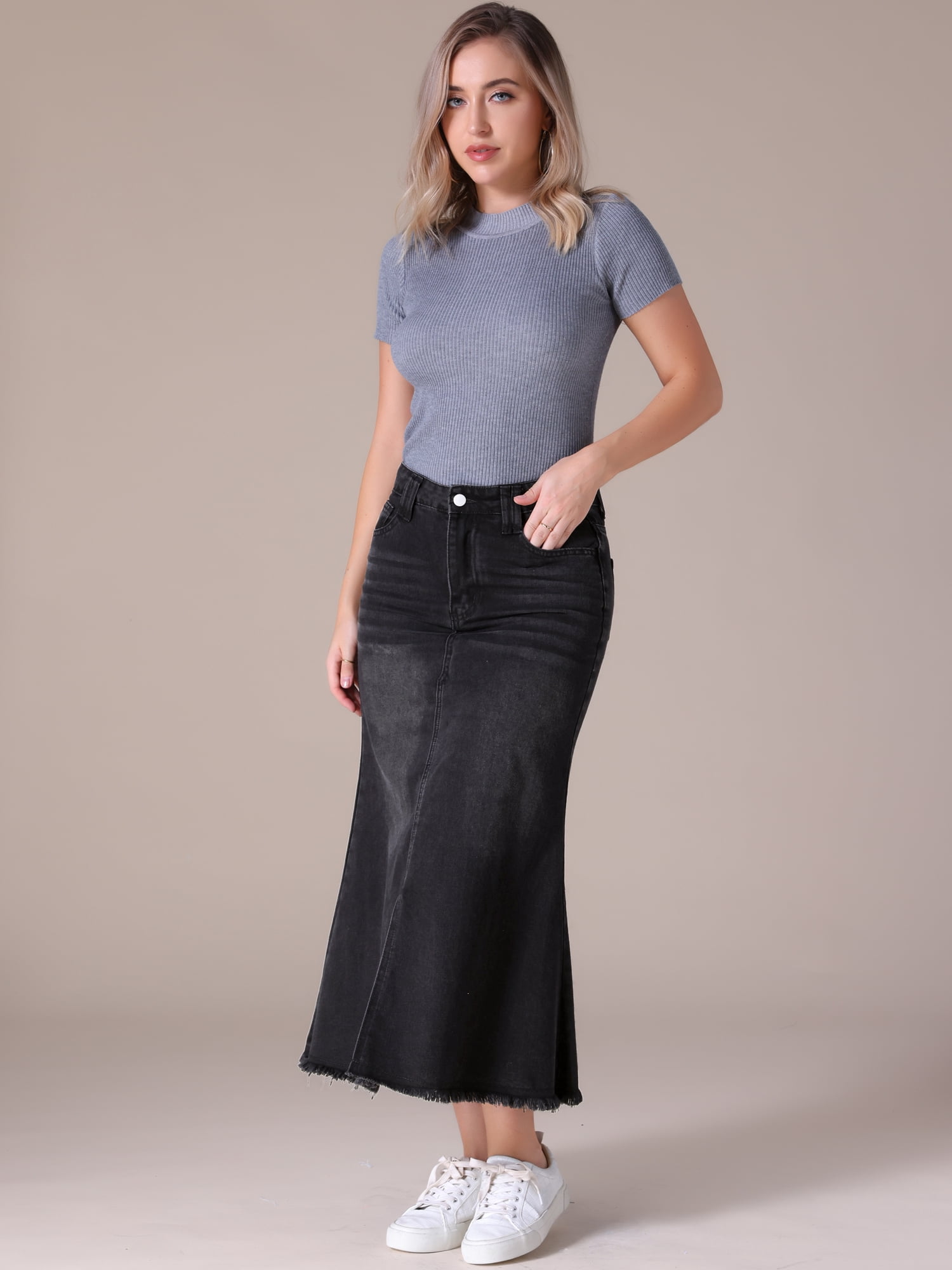 Unique Bargains Women's Long Denim Skirts Split A-Line Fishtail Jean Skirt M Black