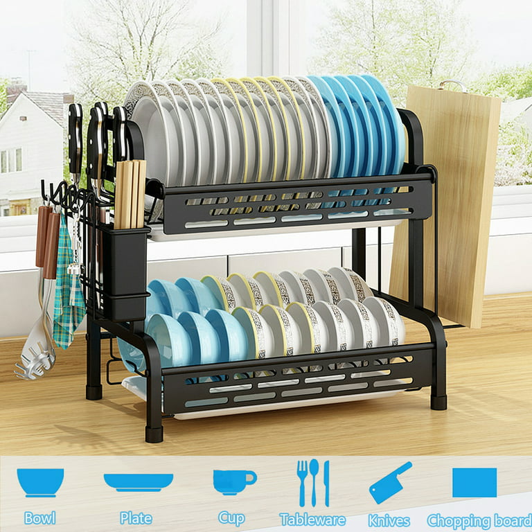 2 Tier Dish Drying Rack Drainboard Set Anti-Rust Dish Drainer Shelf  Tableware Holder Cup Holder For Kitchen Counter Storage