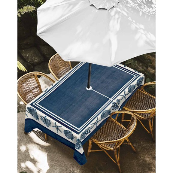 Outdoor Tablecloth with Umbrella Hole, Beach Shell Starfish Coral Conch Zippered Table Cloth for Rectangle Tables, Navy Blue Border Washable Waterproof Tablecloths for Picnic Patio Garden