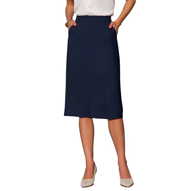 FALDA LÁPIZ CHIC Estilosa para Mujeres con Cintura Alta y Abertura Trasera para Trabajo y Uso Casual L Azul Marino