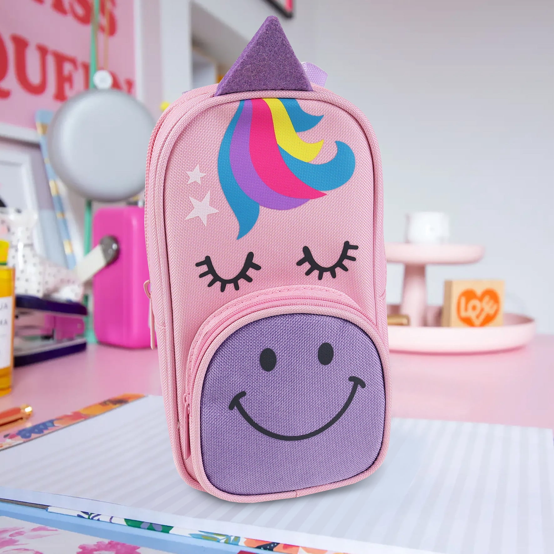 Pen+Gear Novelty Unicorn Face Backpack Shaped Pencil Pouch with Strap, Pink Polyester, Elementary School and Preschool