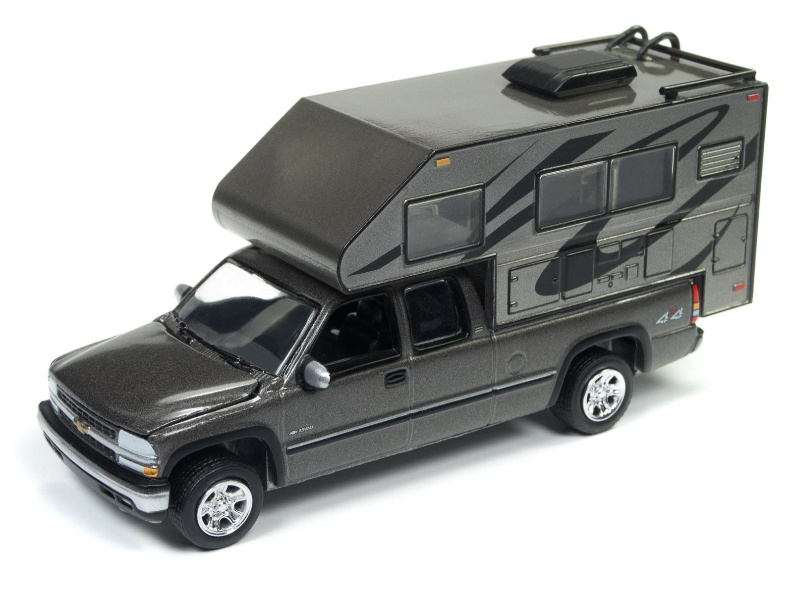Metallic grey 2002 Chevrolet Silverado w/camper and trailer Johnny Lightning