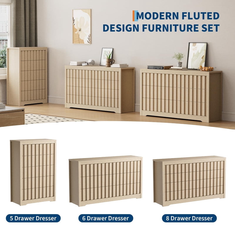 TROPOW Modern Fluted Dresser for Bedroom, Wooden Chest of Drawers, Handleless Storage Organizer with Deep Drawers for Clothes, Living Room or Hallway Furniture
