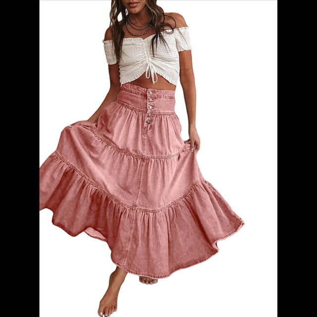 Vestido Bohemio para Mujer, con Cintura Alta, Volantes, Fluido, con Volantes Escalonados, Corte A, para Playa. Rosa M