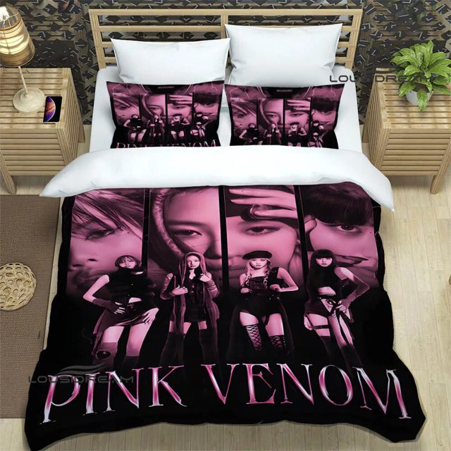 Juego de ropa de cama con estampado de grupo idol coreano, suministros de cama exquisitos, funda nórdica, edredón, juego de cama de lujo, negro-rosa