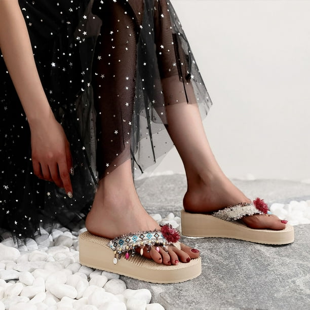 TopLLC Casual Wedge Sandals for Women Comfortable Flower Clip Toe Summer  Beach Sandals Fashion Ladies Bohemia Platform Dress Shoes 